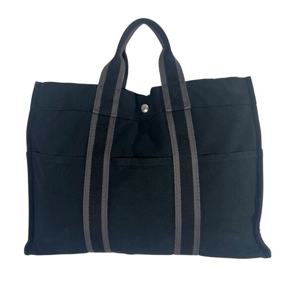 Hermes Authentic Black w Gray Detail Fourre Tout MM Canvas Tote Bag - Picture 1 of 9